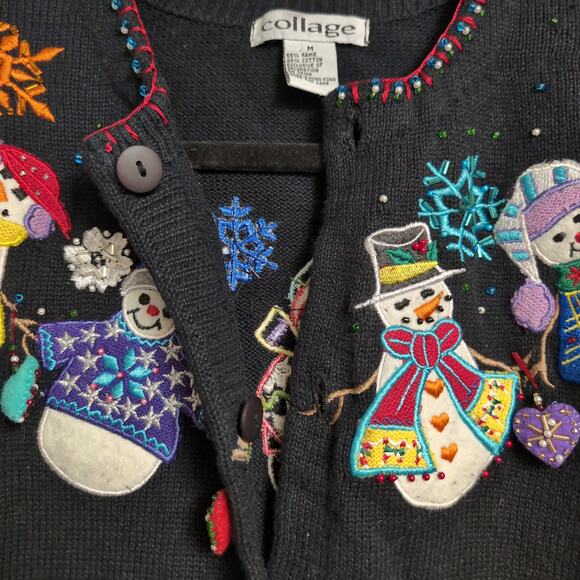 Vintage Collage Christmas Sweater Snowflakes Snowmen Size M - Picture 3 of 15